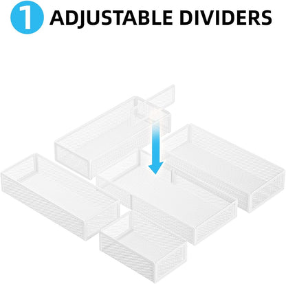 Marbrasse 5 Pack Desk Drawer Organizer Set, Mesh Drawer Storage Trays with 1 Adjustable Divider, Desk Organizers and Accessories, 5 PCS Drawer for Office Supplies, Makeup & Vanity (Black)