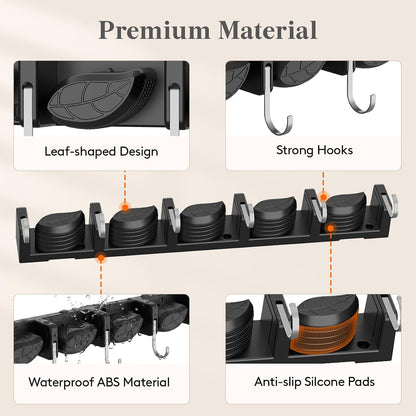 Lifewit Mop and Broom Holder Organizer Wall Mount Non-Slip, 1 Pack, Black | Easy Install One Handed Push Cleaning Tool Hanger with 6 Hooks 5 Slots, Heavy Duty Hanging Utility Rack for Garden, Garage