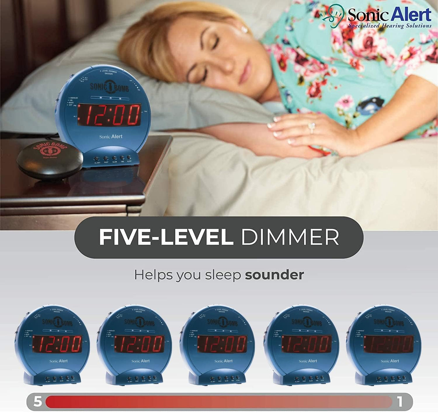 Sonic Alert Sonic Bomb Dual Alarm Clock with Bed Shaker, Black Vibrating Alarm Clock Heavy Sleepers, Battery Backup | Wake with a Shake