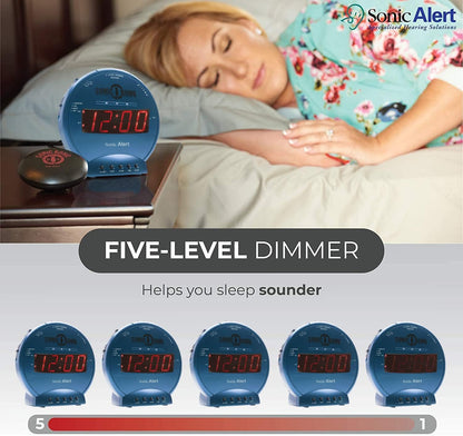 Sonic Alert Sonic Bomb Dual Alarm Clock with Bed Shaker, Black Vibrating Alarm Clock Heavy Sleepers, Battery Backup | Wake with a Shake