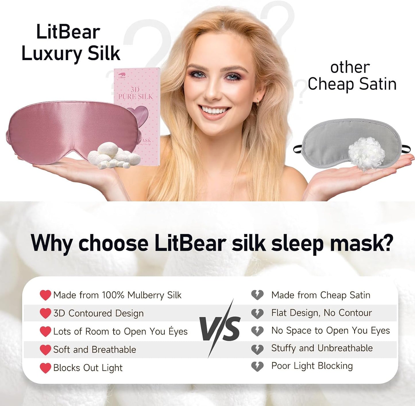 LitBear 100% 22 Momme Mulberry Silk Sleep Mask - 3D Contoured Eye Mask for Men & Women, Soft Breathable Sleeping Mask with Adjustable Strap, Perfect Blocks Light for Sleeping (Black)
