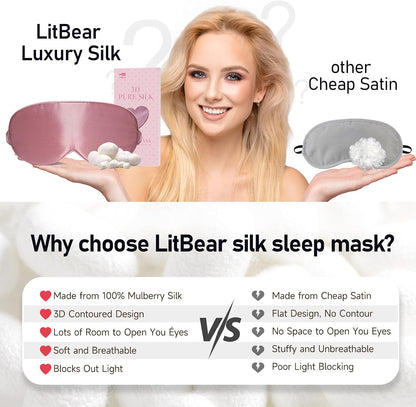 LitBear 100% 22 Momme Mulberry Silk Sleep Mask - 3D Contoured Eye Mask for Men & Women, Soft Breathable Sleeping Mask with Adjustable Strap, Perfect Blocks Light for Sleeping (Black)