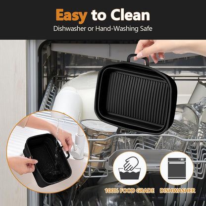 Collapsible Silicone Air Fryer Liners 8QT 10QT Ninja Dual (Gray) | 2 Pack Food Grade Platinum Silicone, Snug Rectangular Fit, Grease Drainage Ridges, Dishwasher Safe, BPA Free Basket Liner