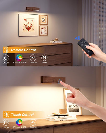 Rechargeable Wood Wall Lights with Remote & Touch, 5200mAh Battery Operated Wall Sconce 3 Color Temperatures & RGB. Magnetic, Stick-On, Dimmable Wall Reading Lamp for Bedroom, Living Room, Picture
