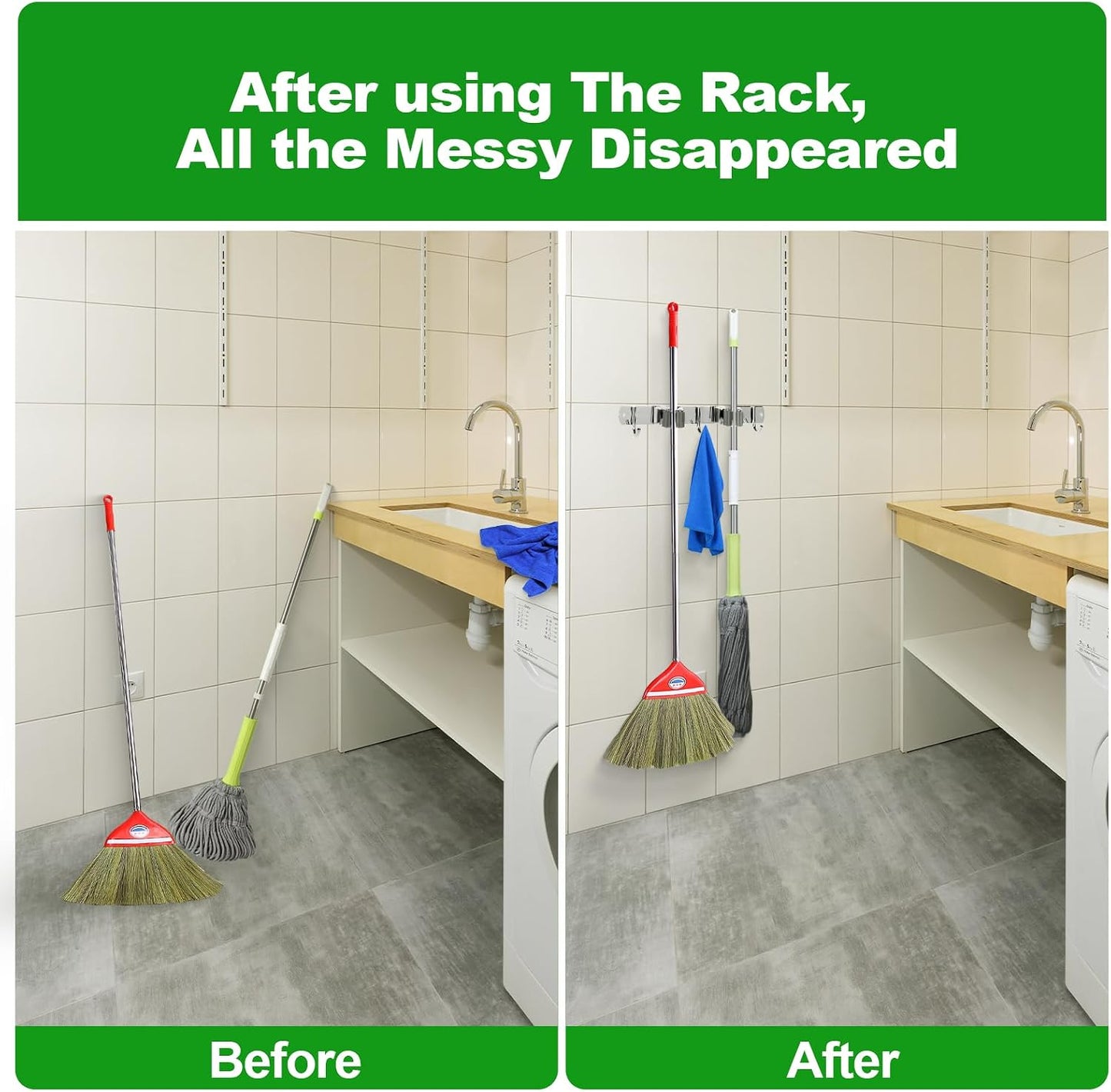 voze 5 Racks and 4 Hooks Mop and Broom Holder Wall Mount, Self Adhesive Heavy Duty Broom Hanger Organizer Storage Tool Racks for Kitchen Garden Laundry Garage