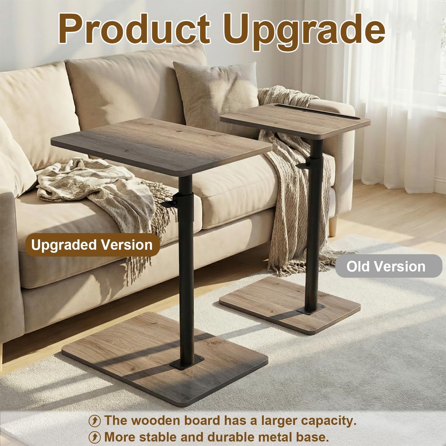 YUHFERA Sofa Armrest Tray Table for Couch - 360° Swivel Height Adjustable End for Small Spaces, Snack Side Table for Bed or Chair with Phone & Tablet Slot (Rustic,Standard)