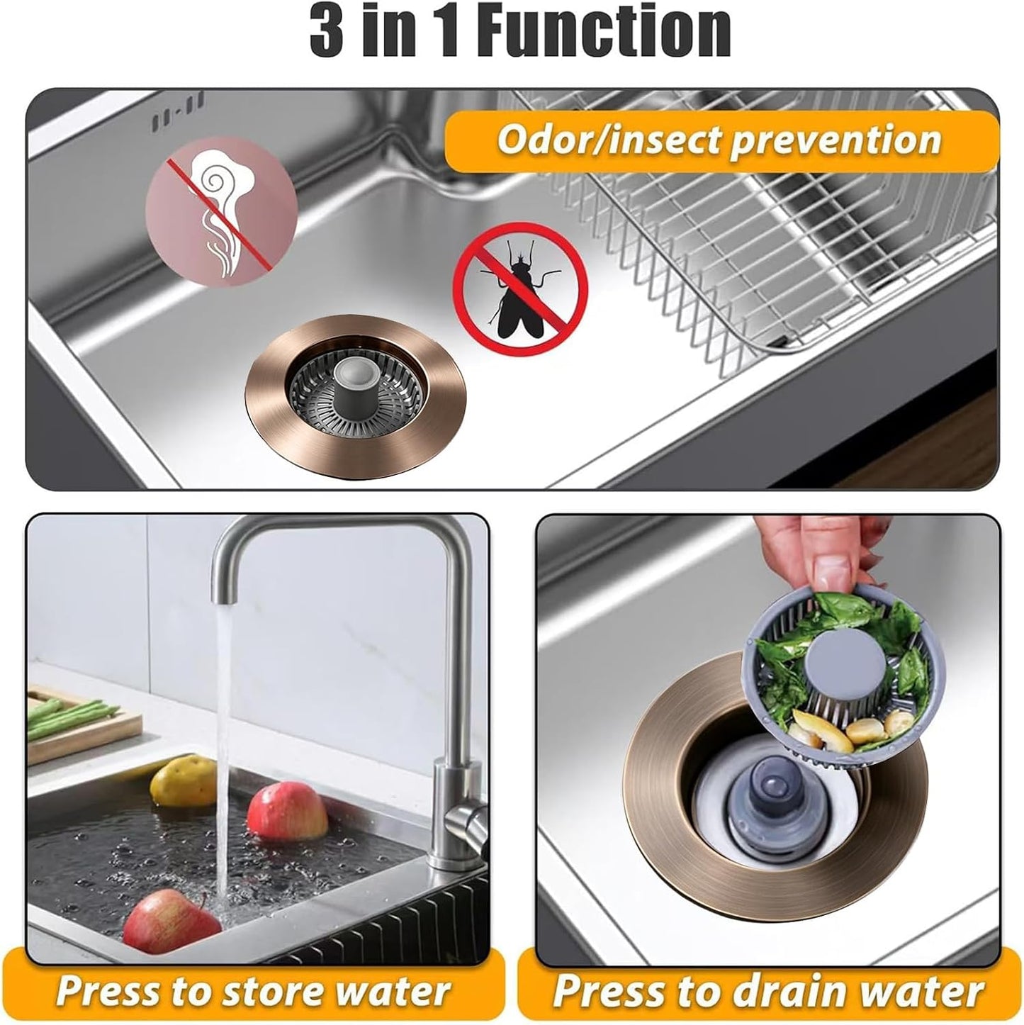 Anlige Kitchen Sink Drain Strainer, 3 in 1 Pop Up Kitchen Sink Stopper, with An Extra Basket Strainer, Universal for US Standard 3-1/2 Inch, Chrome Silver