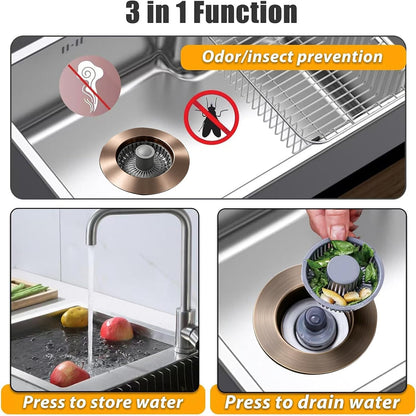 Anlige Kitchen Sink Drain Strainer, 3 in 1 Pop Up Kitchen Sink Stopper, with An Extra Basket Strainer, Universal for US Standard 3-1/2 Inch, Chrome Silver