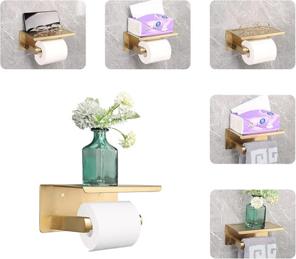 NearMoon Toilet Paper Holder with Shelf, Heavy Duty Bath Toilet Roll Holder with Phone Shelf Tissue Hanger for Bathroom/Kitchen No Drill or Wall Mounted(304 Stainless Steel, Brushed Gold)