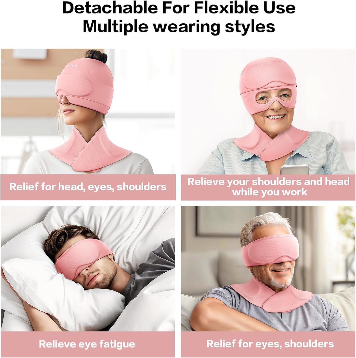 3 in 1 Migraine Relief Cap Neck Ice Pack Wrap Gel and Ice Eye Masks, Detachable Ice Caps with Eyes Masks, Hot and Cold Therapy for Relief of Headaches, Stiff Neck and Eye Fatigue (Purple)