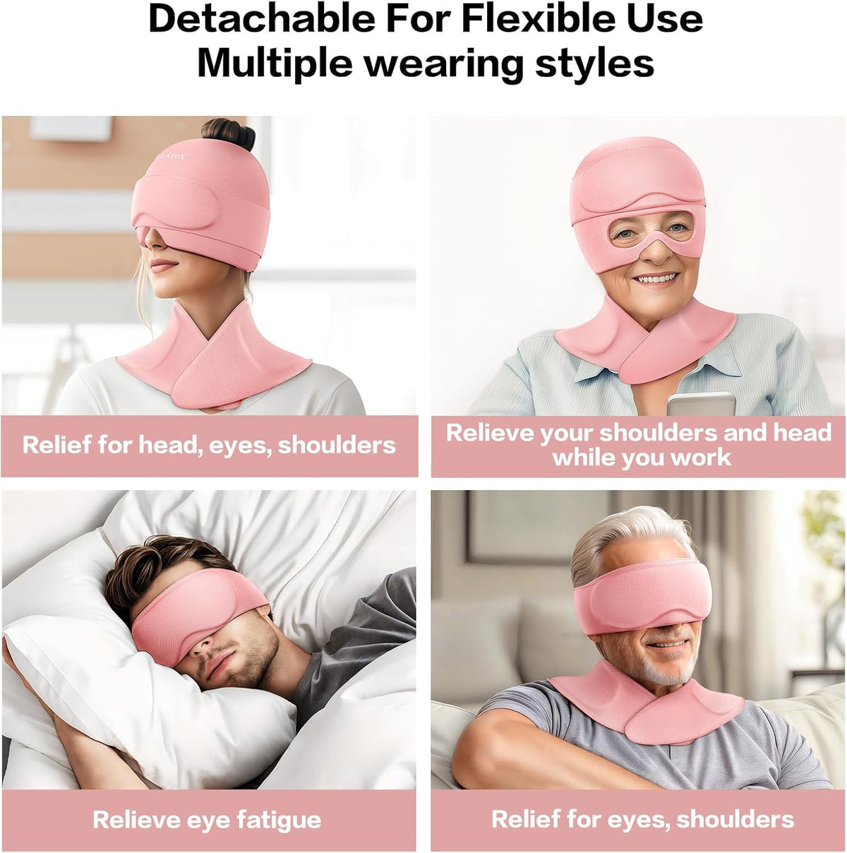 3 in 1 Migraine Relief Cap Neck Ice Pack Wrap Gel and Ice Eye Masks, Detachable Ice Caps with Eyes Masks, Hot and Cold Therapy for Relief of Headaches, Stiff Neck and Eye Fatigue (Purple)