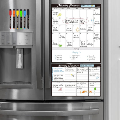 Magnetic Dry Erase Monthly Calendar Set - 15.5"x13" Monthly and 8.5"x13" Weekly Calendar for Fridge - 6 Extra Fine Point Markers Included - Shipped Flat