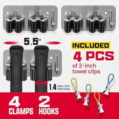 Wall Mount Hanger for Brooms & Mops - Adhesive Stainless Steel Mops & Broom Holder, 4 Clamps, 3 Hooks, & 5 Towel Hanger Clips Including Mounting Hardware for Utility Room Organization