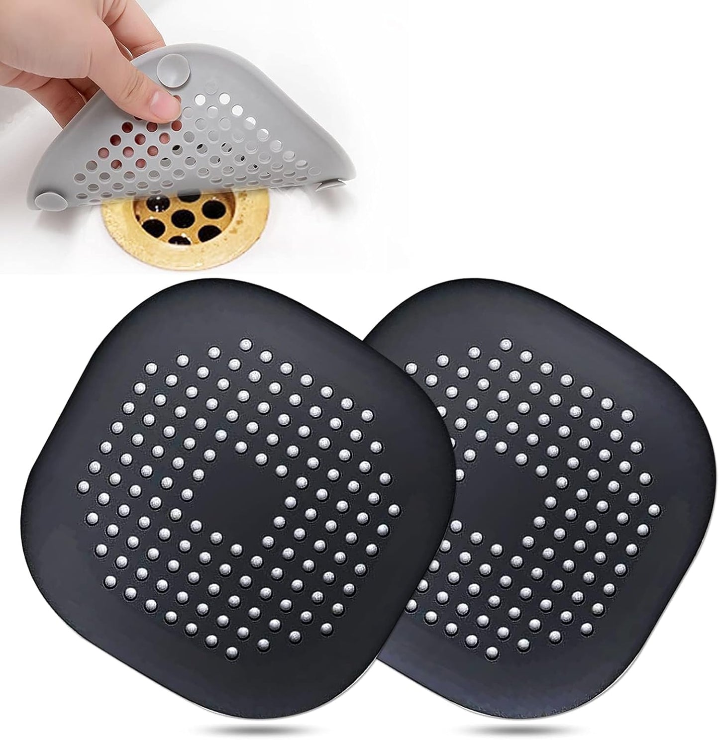 Bovinde Hair Drain Catcher,Square Cover for Shower 2 Pack (Black) | Drainer Cover Silicone Hair Stopper with Suction Cups,Protector Accessories,Easy to Install Suit for Bathroom,Bathtub,Sink
