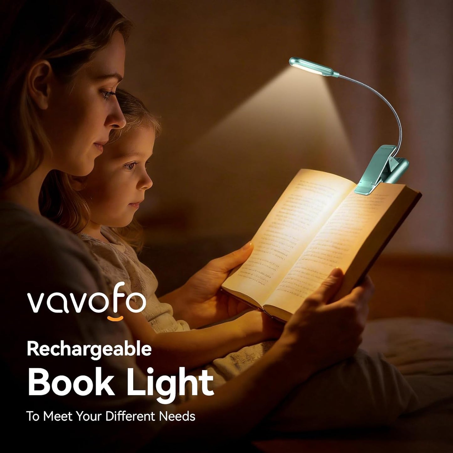 VAVOFO Rechargeable Book Light for Reading in Bed Kids, 7 LED Reading Light with 9-Level Warm Cool White Daylight, Eye Care Lamp with Power Indicator for Bookworms (Yellow)