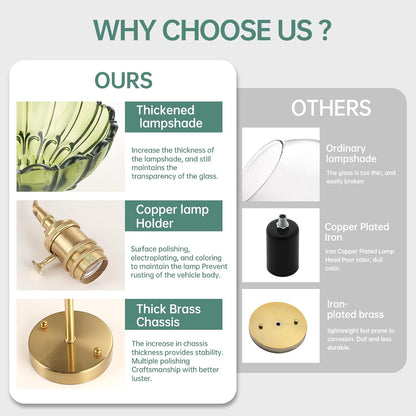 Shenmoyl Battery Operated Wall Sconce Wall Lamp with Green Lily of the Valley Shade Pattern Glass Adjustable Chain Retro Gold Wall Mounted Light, Modern Wall Lamp Fixtures Decor for Bedside Bedroom