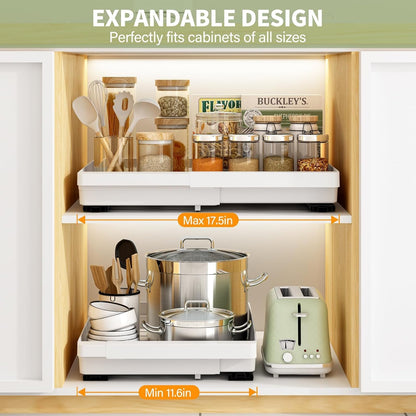 DOMNIU Pull Out Cabinet Organizers Expandable,White,16.9"Depth,2 Pack | Slide Out Drawers for Kitchen, Bathroom, Pantry, Under Sink Storage, Fixed with Adhesive Nano Film (11.6''-17.5'')