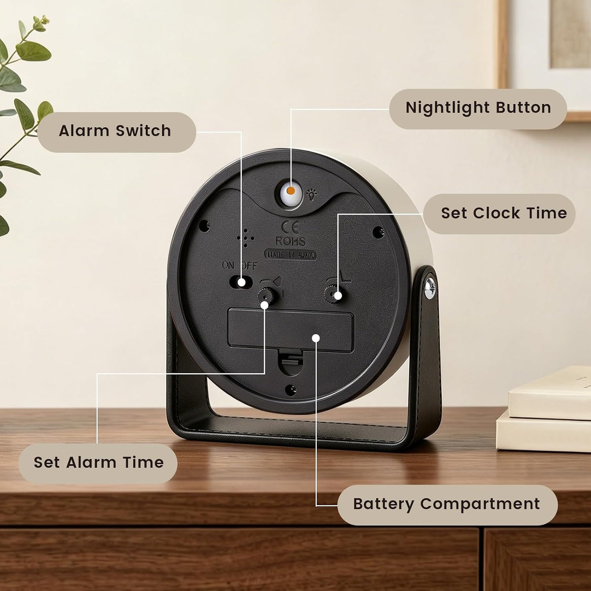 Analog Alarm Clock - 4.5" Silent Non Ticking Small Clock with Light, Rotatable Stand Metal Desk Clock Battery Operated, Simple Design for Living Room Decor/ Bedroom/Bedside/Shelf (Black & White)