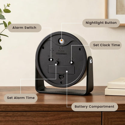 Analog Alarm Clock - 4.5" Silent Non Ticking Small Clock with Light, Rotatable Stand Metal Desk Clock Battery Operated, Simple Design for Living Room Decor/ Bedroom/Bedside/Shelf (Black & White)