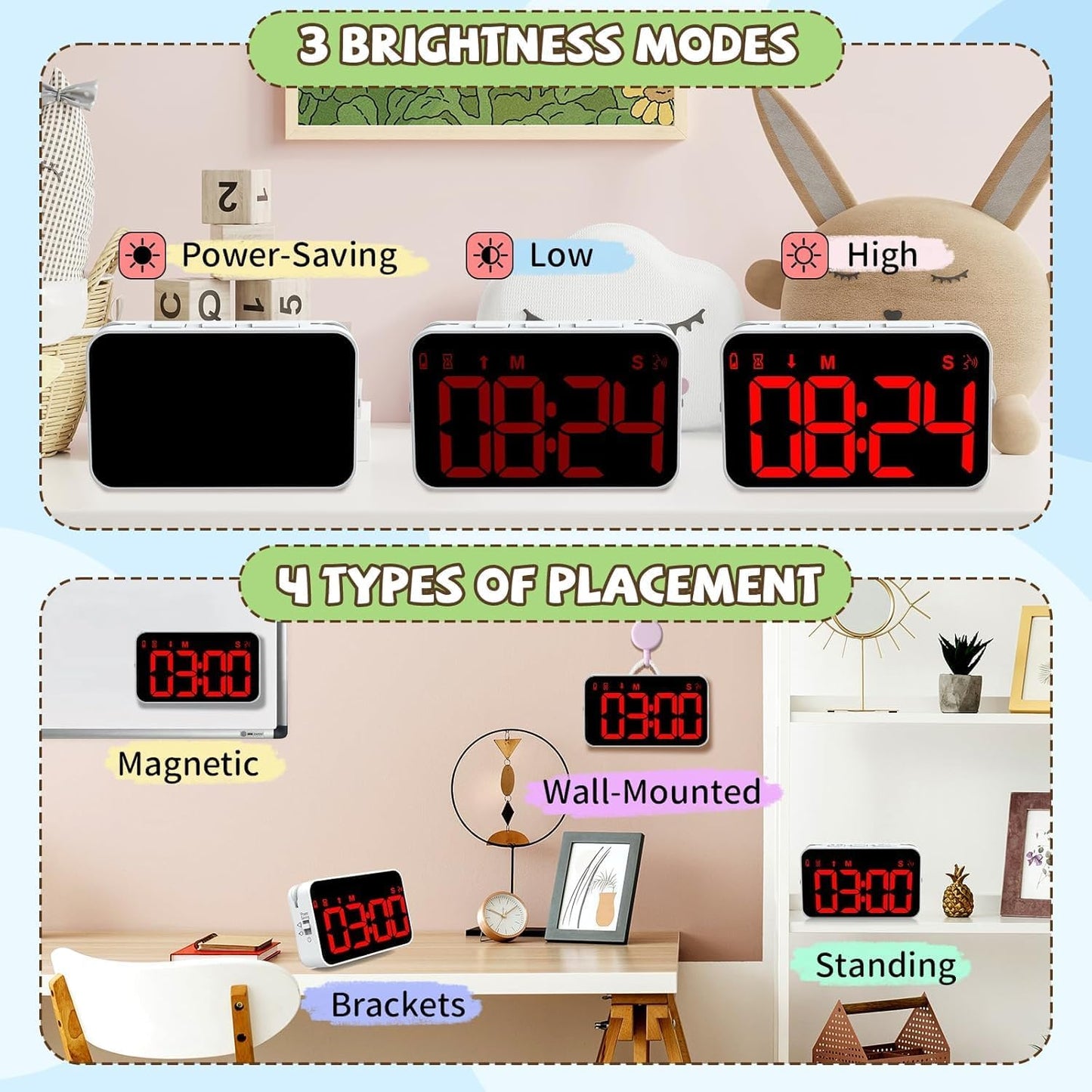 PERSUPER Kitchen Digital Timer, Count Down Up, Rechargeable, Vibration Mode | Adjustable Volume and Brightness LED Display, Time Management Cook, Desk, Kids Adults Study Teaching, Kitchen Gadgets RGB ﻿