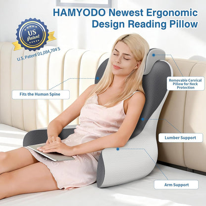22" XL Reading Pillow Sitting in Bed,Back Support & Armrests(Grey & Blue)