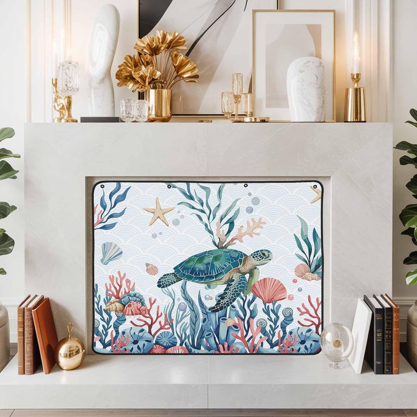 Magnetic Fireplace Cover Turtle Coral Starfish Fireplace Screen Decorative Shell Ocean Marine Life Insulation Fireplace Blocker Save Energy Fireplace Draft Stopper Covers for Living Room 39x32 Inch