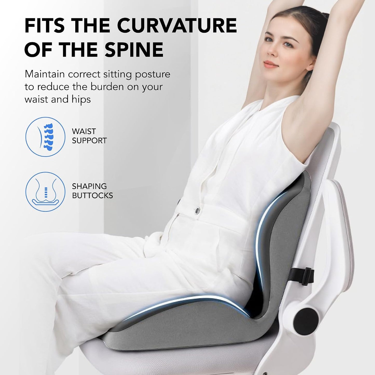 Ergonomic Waist Support and Seat Cushion, L-Shaped Memory Foam Pad (Grey) | Hollow Design for Coccyx, Suitable for Office Chairs, Car Safety Seats and Household Use - Relieves Lower Back and Hip Pain