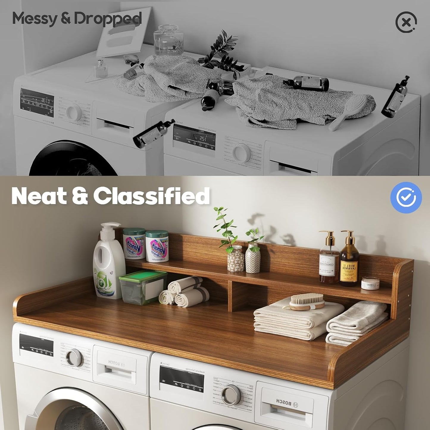 2-Tier Washer and Dryer Countertop with 2.75" H Guard,54" W x 27.5" D Laundry Countertop Cover with Non-Slip Pad,Large Space Laundry Topper for Folding Clothes Over Washer and Dryer-White