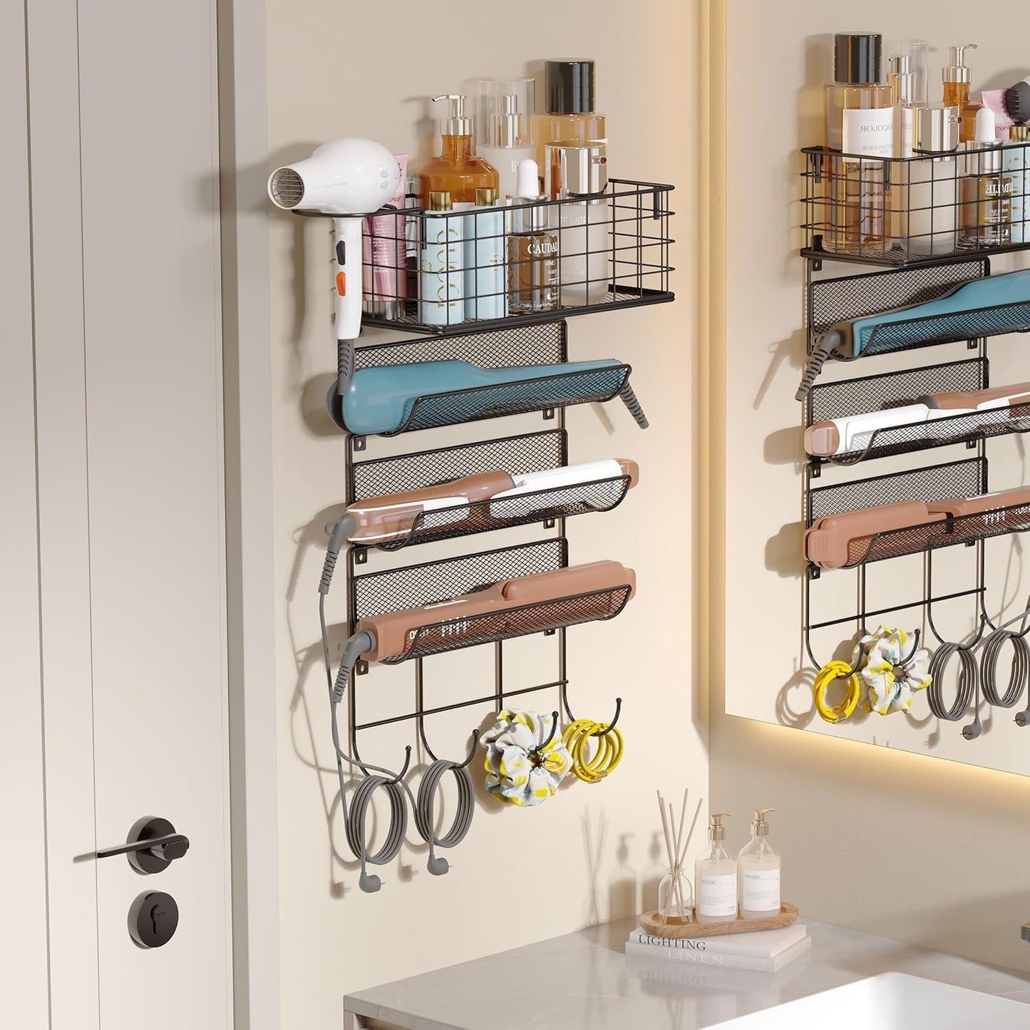 Wall-Mounted Hair Dryer Holder Styling Tool Organizer 4-Shelf Storage Wire Basket with Hook Heat Safe Rack for Hair-Straighteners,Curling Wands,Flat Iron,Cabinet Door Bathroom Kitchen White