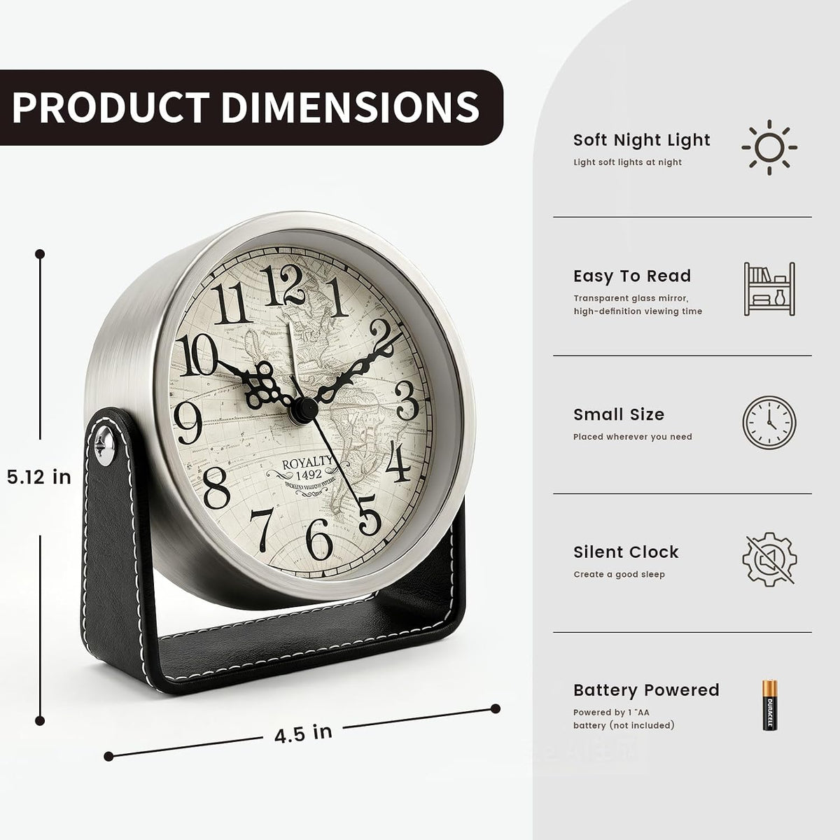 Analog Alarm Clock - 4.5" Silent Non Ticking Small Clock with Light, Rotatable Stand Metal Desk Clock Battery Operated, Simple Design for Living Room Decor/ Bedroom/Bedside/Shelf (Black & White)