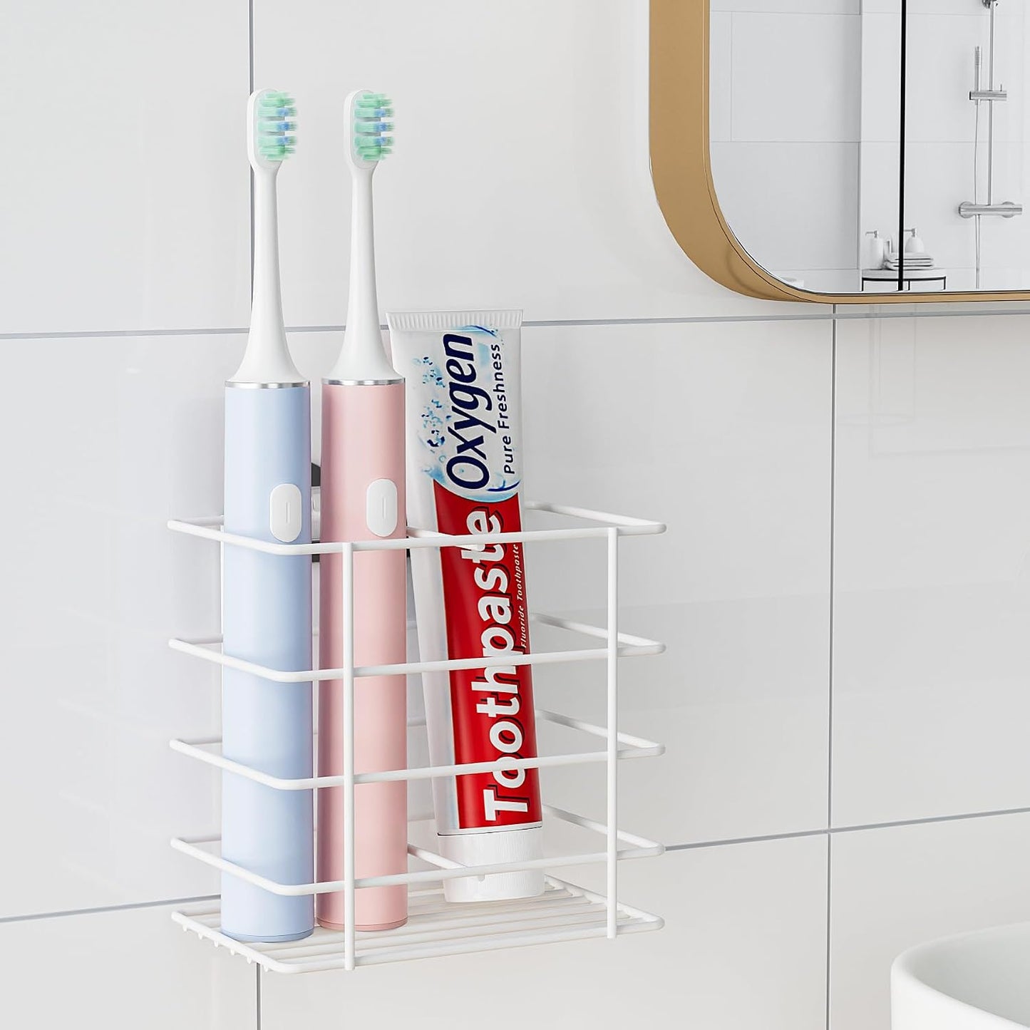 Open-Design Adhesive Shower Toothbrush Holder Wall Mounted with Drainage | Hanging Electric Tooth Brush Holder for Bathroom Wall Mirror, Metal Wall Toothpaste Storage Organizer for RV Camper, Black