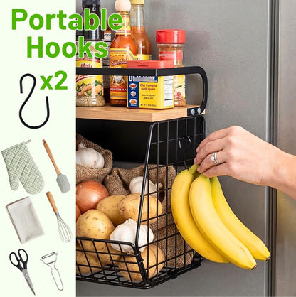 Magnetic Shelf for Fridge with Wood Lid, Fruit Potato and Onion Storage Bins, Pantry Organizers & Storage, Large Container Magnetic Spice Rack for Refrigerator, Kitchen Counter, Cabinet | Strong magnet holds 50lbs, ventilated bin for produce, versatile