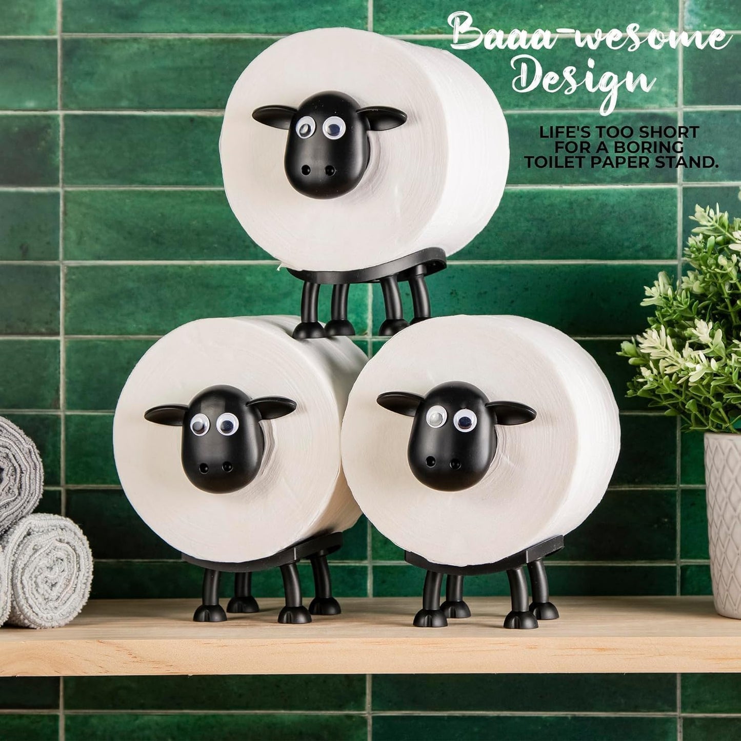 VELENTI Sheep Toilet Roll Holder - Funny Toilet Paper Holders Free Standing Cute Bathroom Decor - Premium 3D Printed Black Sheep Loo Rolls Holder - Hilarious Tissue Paper Roll Storage - Set of 3