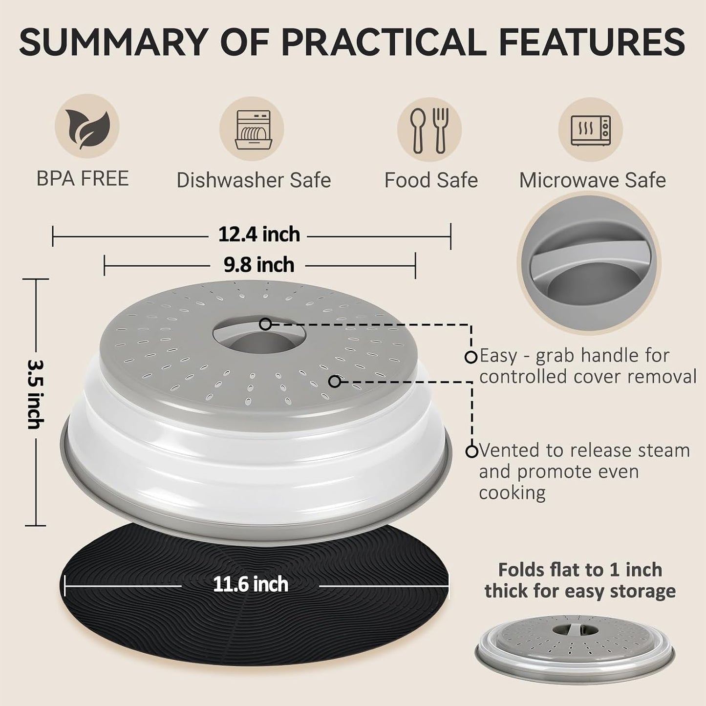 Collapsible Microwave Splatter Cover, Black, 10.5 inch
