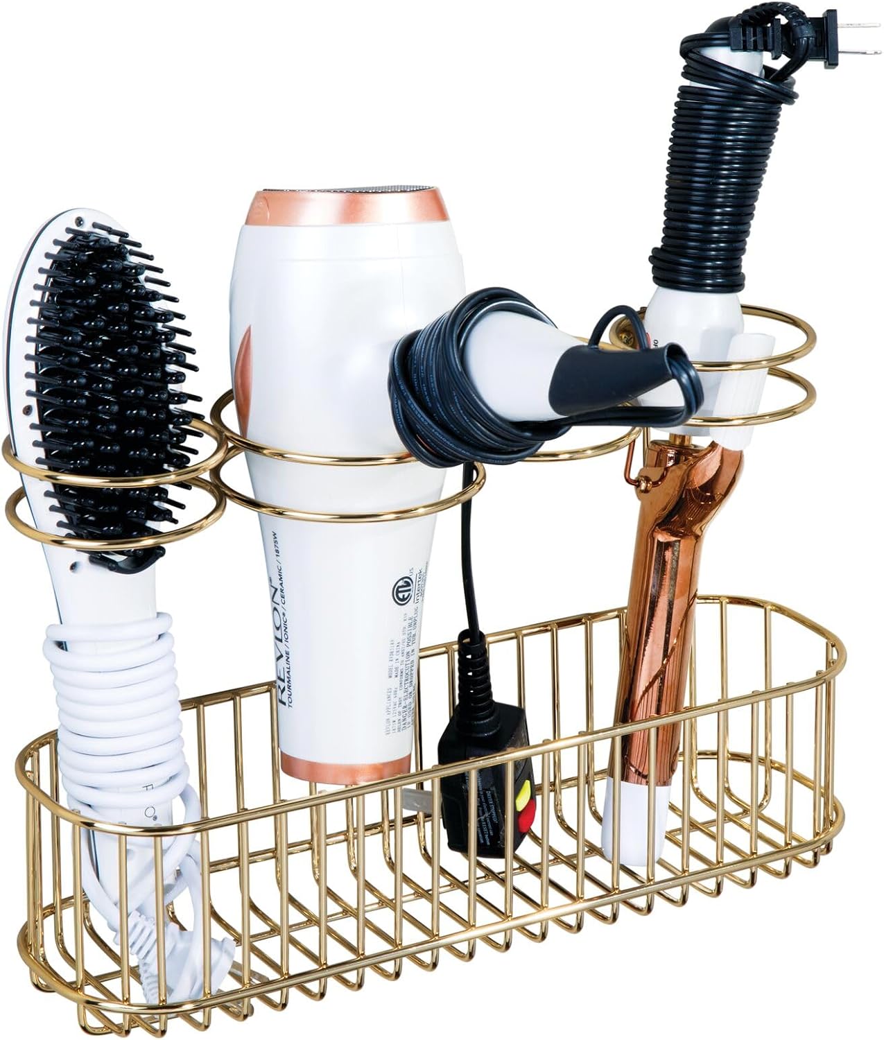 mDesign Hair Dryer Caddy – Wall Mounted Storage Rack with 4 Compartments – Hair Tool Organiser for Dryers, Curling Wands, Straighteners – Brass