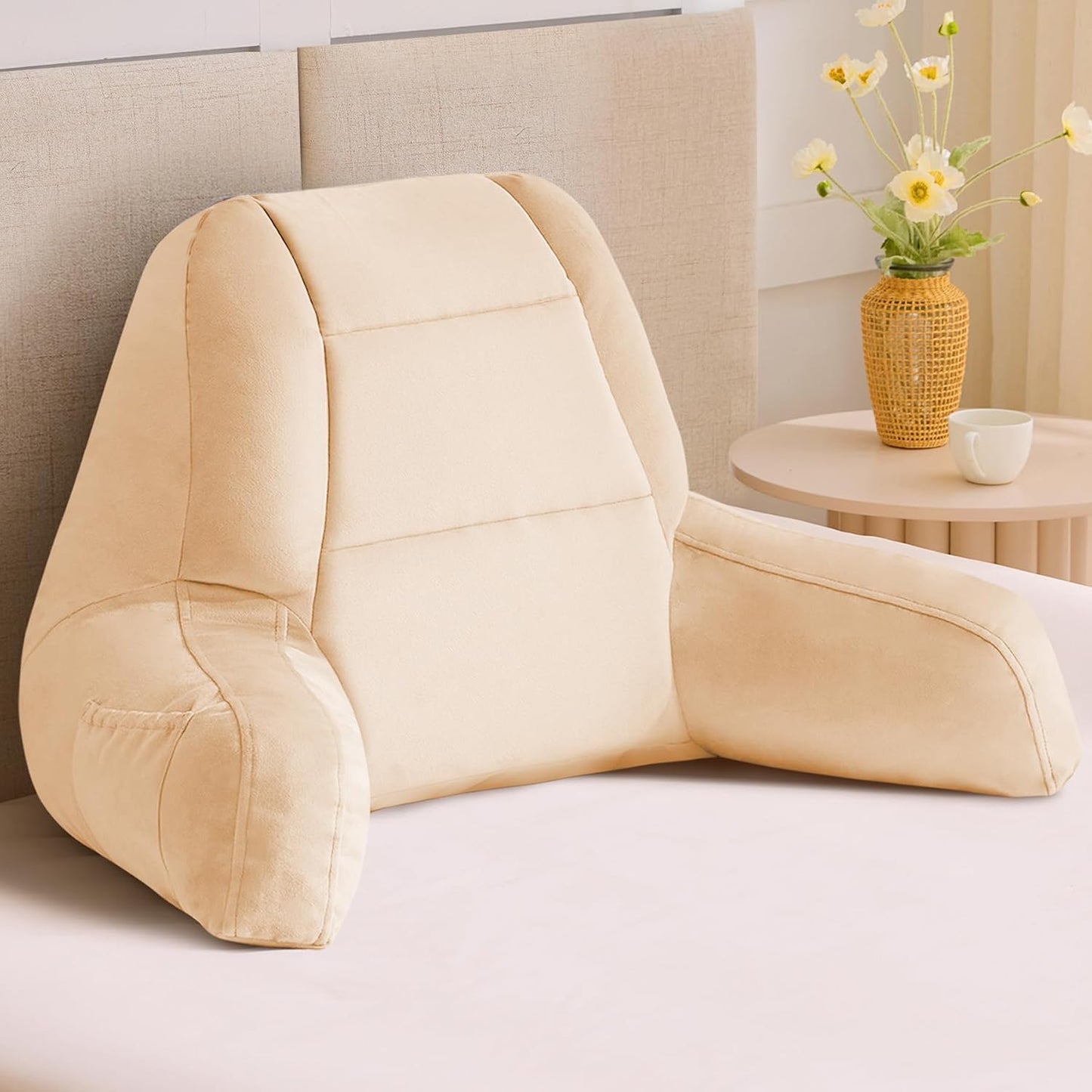 Reading Pillows for Sitting in Bed Adult, Back Pillow for Bed Sitting Up, Backrest Pillows with Shredded Foam for Adult&Teens, Support Pillow with Arms for Beds, Couch, Floor, 24in, Beige