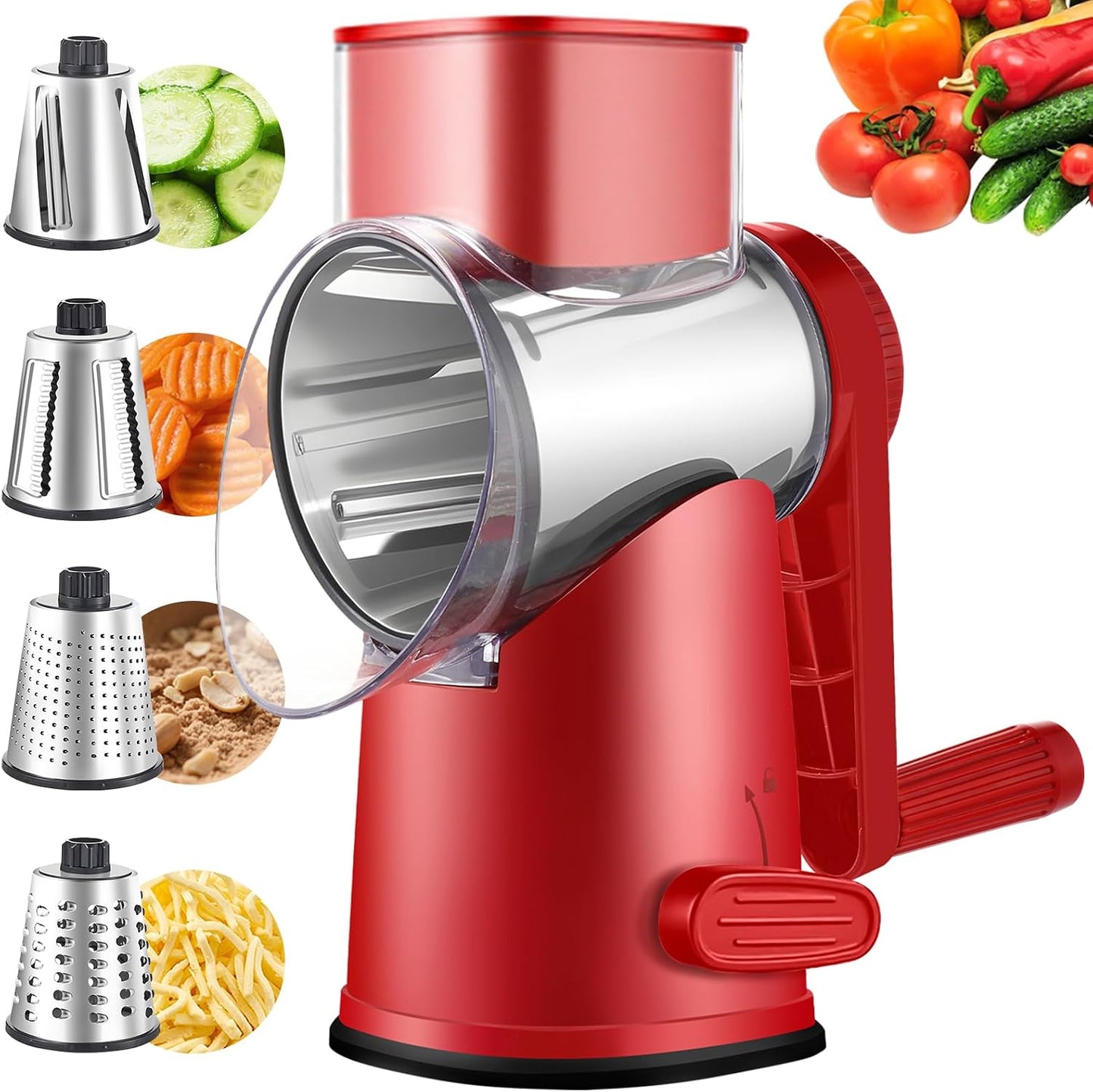 Weltonhm 4 in 1 Large Rotary Cheese Grater Hand Crank (black, 3 Graters) | Cheese Shredder Rotary and Slicer with 4 Stainless Steel Blades for Vegetables, Veggie and Cheese, Stronger Suction Base