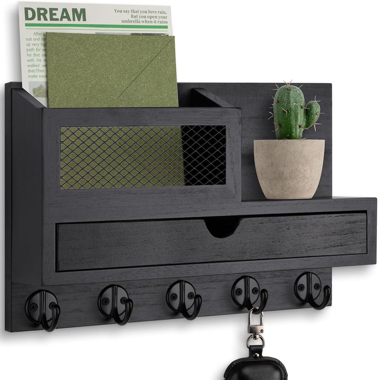 Key Holder for Wall with 5 Key Hooks and Storage Drawer | Key Holder Wall Mount, Mail Organizer for Entryway Living Room Farmhouse Home Decor
