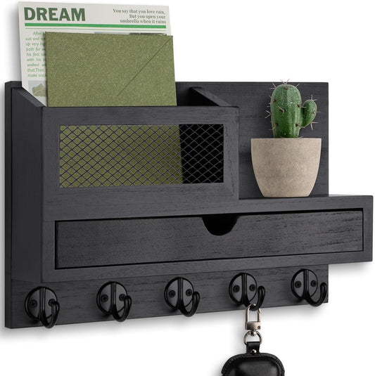 Key Holder for Wall with 5 Key Hooks and Storage Drawer | Key Holder Wall Mount, Mail Organizer for Entryway Living Room Farmhouse Home Decor