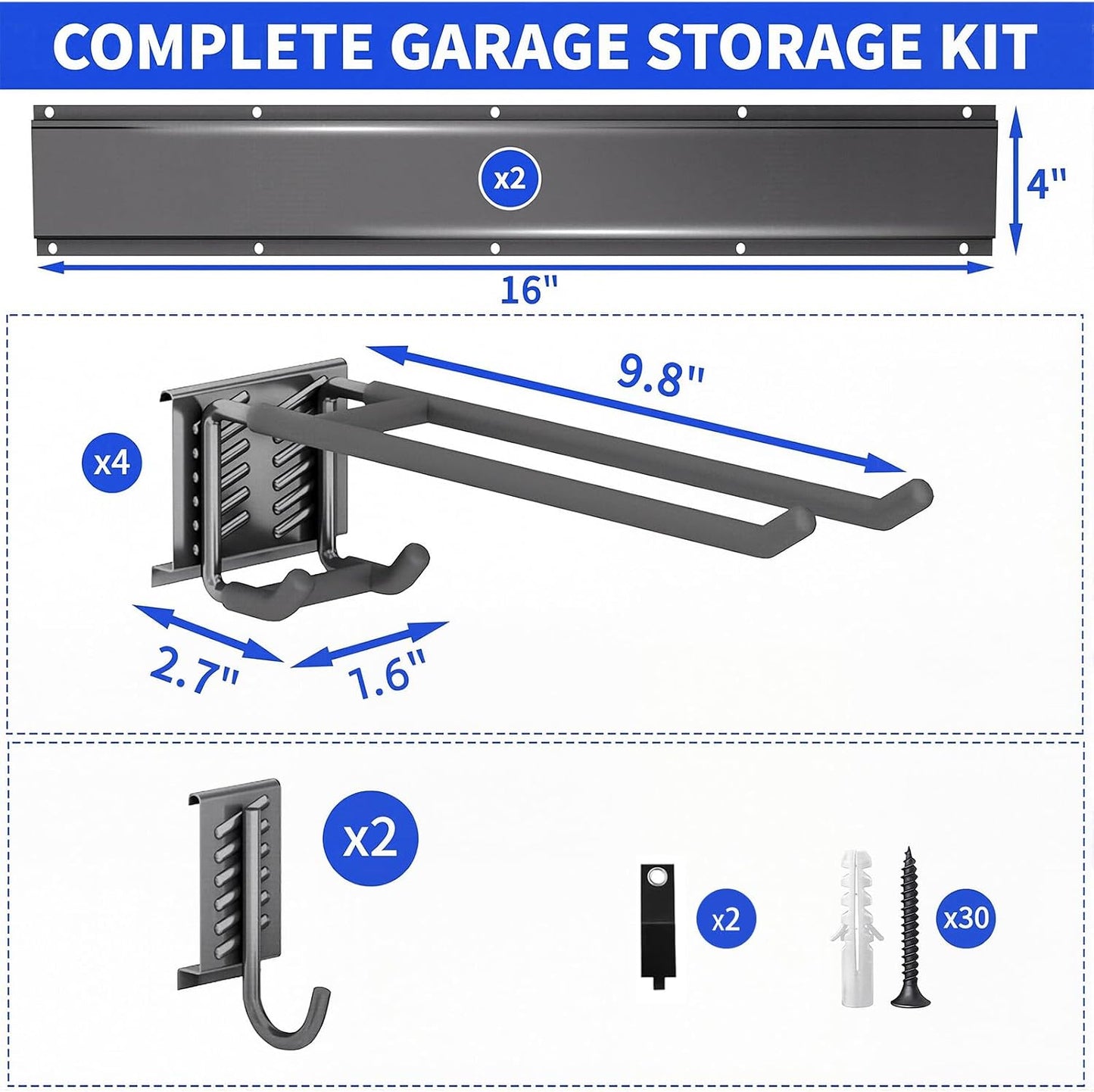 Garage Tool Organizer Wall Mount, 48 Inch Heavy Duty Garden Tool Organizer Storage System, Easy Install with 6 Adjustable Straight Hooks, for Garage, Basement, Shed, Workshop, Black, Steel