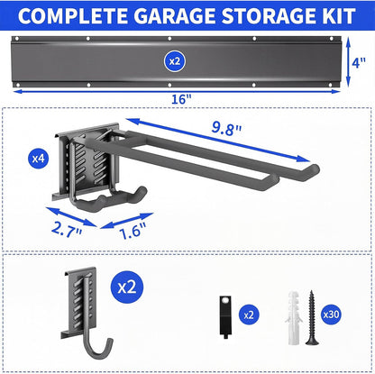 Garage Tool Organizer Wall Mount, 48 Inch Heavy Duty Garden Tool Organizer Storage System, Easy Install with 6 Adjustable Straight Hooks, for Garage, Basement, Shed, Workshop, Black, Steel