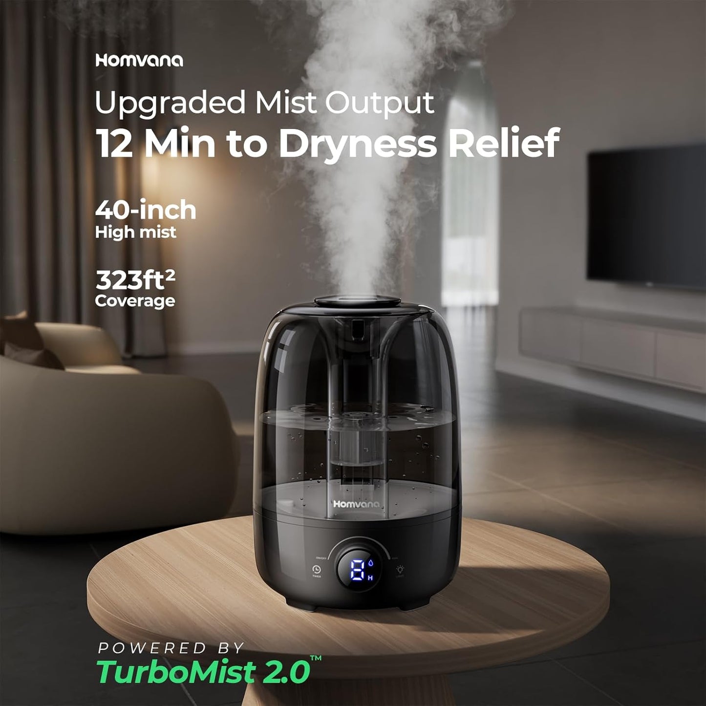 Homvana 4L Humidifier, 25m² Area, Quiet 25dB, 7 Night Light, Aroma Diffuser | 4L + 25dB Top-Fill Ultrasonic BPA-Free Humidifier with 40H Runtime for Bedroom, Baby, Plants, Office