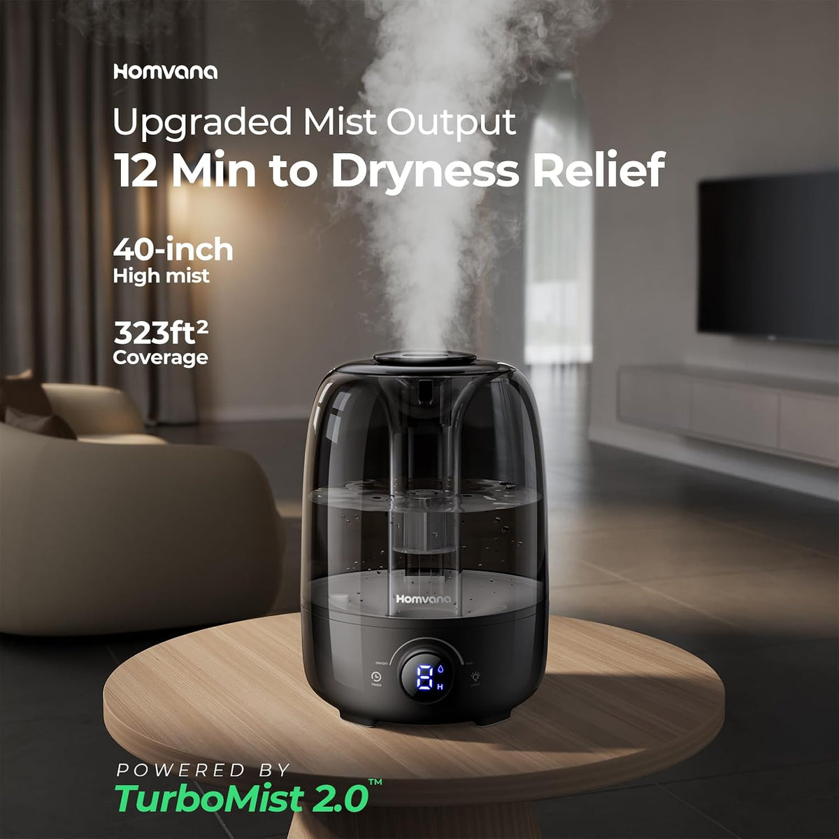 Homvana Top-Fill Cool Mist Humidifiers for Bedroom, Large Room(4L,Black)