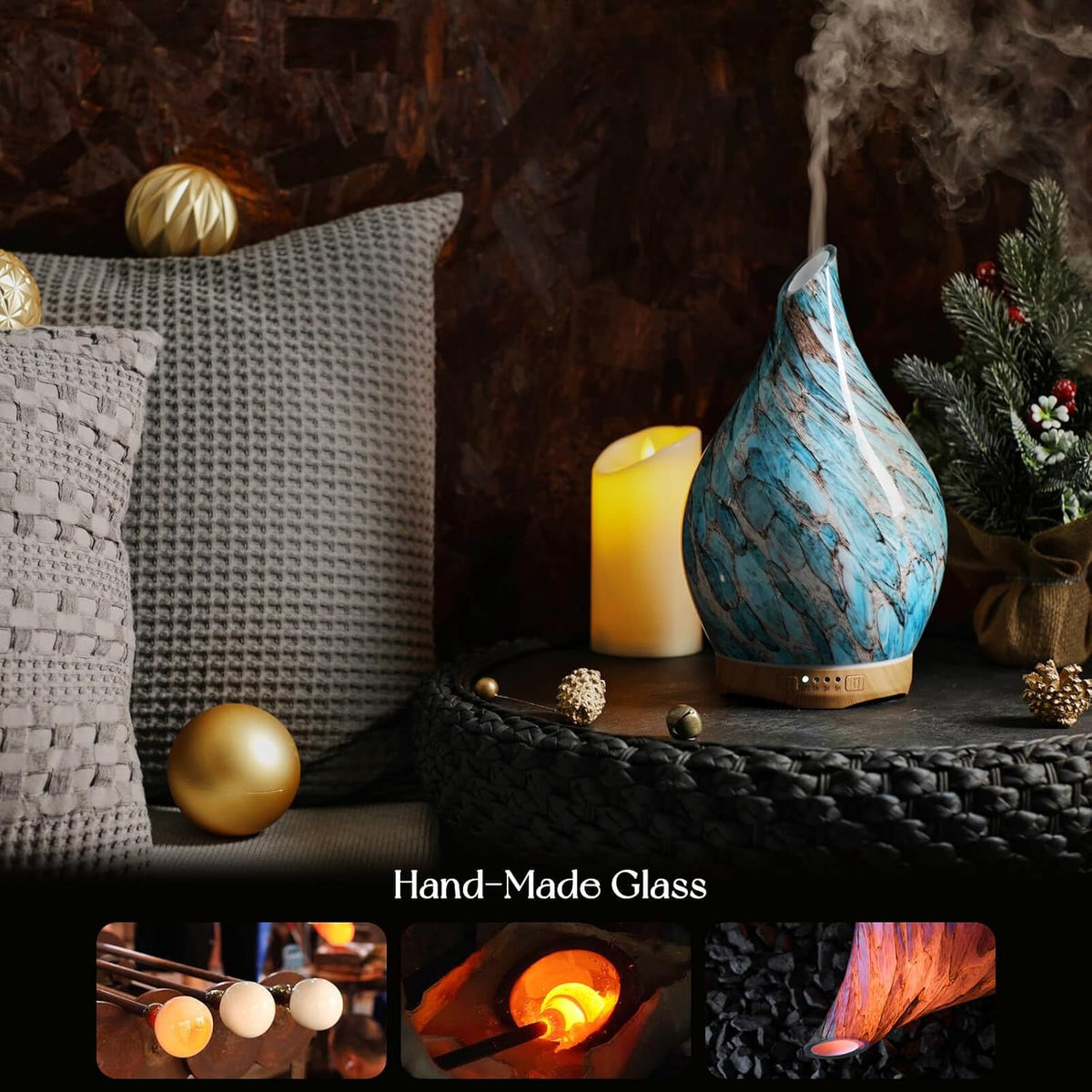 Porseme Essential Oil Diffuser 280ml Handmade Glass Diffuser 7H Runtime | Elegant Handmade Glass Aroma Diffuser with 7-color LEDs, Quiet Aromatherapy and Safe Auto Shut-off, Perfect for Gifts