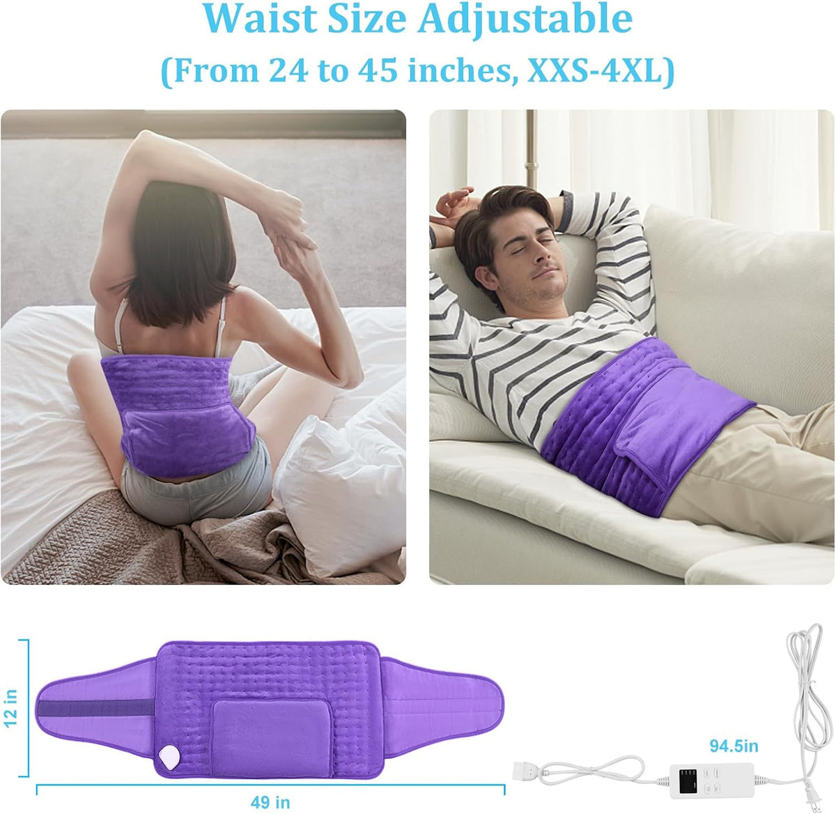 COCOBELA Heating Pad Period Cramps, 12x24 Pad+20" Belt, Purple, Women Gift