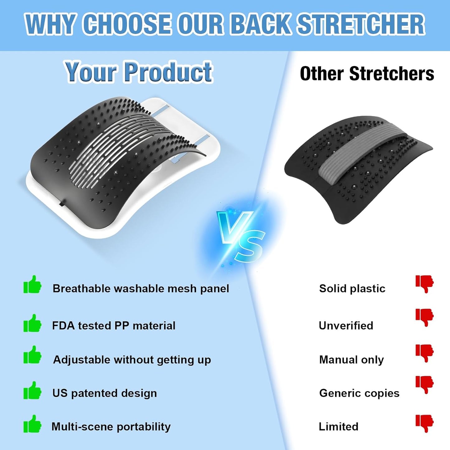 Back Stretcher for Lower Back, Pneumatic Adjustable Lumbar Support Board with 10 Magnets and 90 Massage Points, Daily Back Stretching Device for Home, Office, Yoga and Travel
