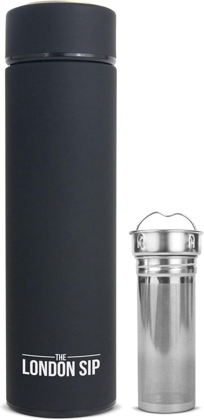 London Sip Multi-Purpose Tea Infuser Travel Mug and Tumbler Fruit Infuser Flask Hot and Cold Double Wall Stainless Steel Thermos with Extra-Long Infuser, Midnight Teal