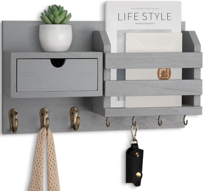 Lwenki Wall Mount Key Holder with Mail Organizer, 100% Paulownia Wood, 7 Metal Hooks, Storage Drawer, Entryway Home Decor (Brown)