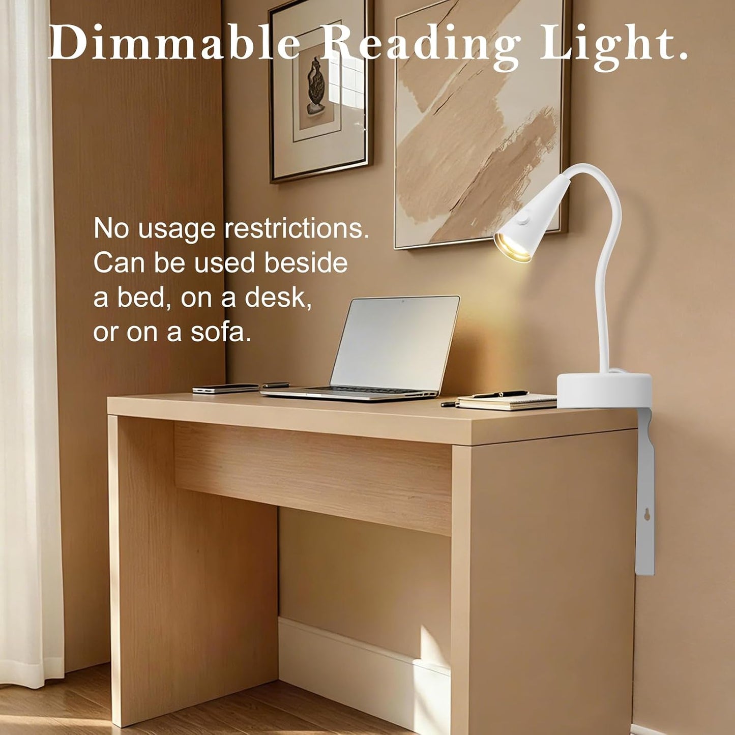 Headboard Reading Light, Black Bedside Lamp, No-Drill Book Light for Bedtime Reading, Dimmable LED, Flexible Gooseneck, 360°Adjustable, Plug-in Reading Lamp Movable-1 Pack