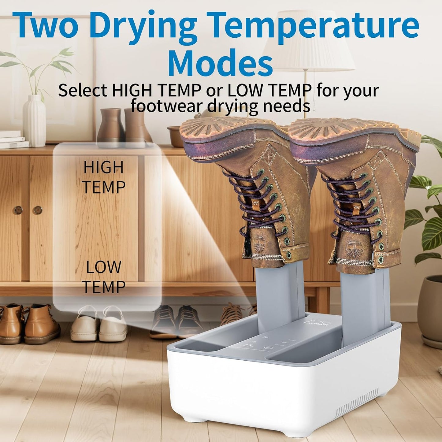 Boot Dryer and Deodorizer for Work Boots, Sneakers and Gloves, Portable Shoe Dryer with Retractable Hoses, Timer, and Heat Control